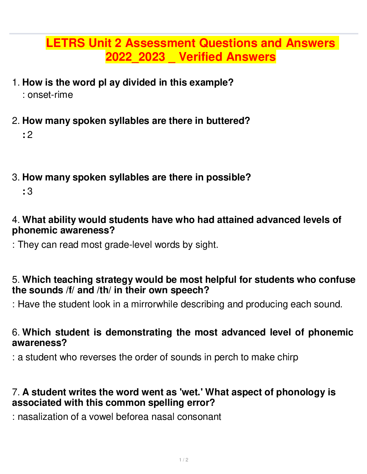 Preview image for LETRS Unit 2 Assessment Questions and Answers 2022/2023 | Verified Answers